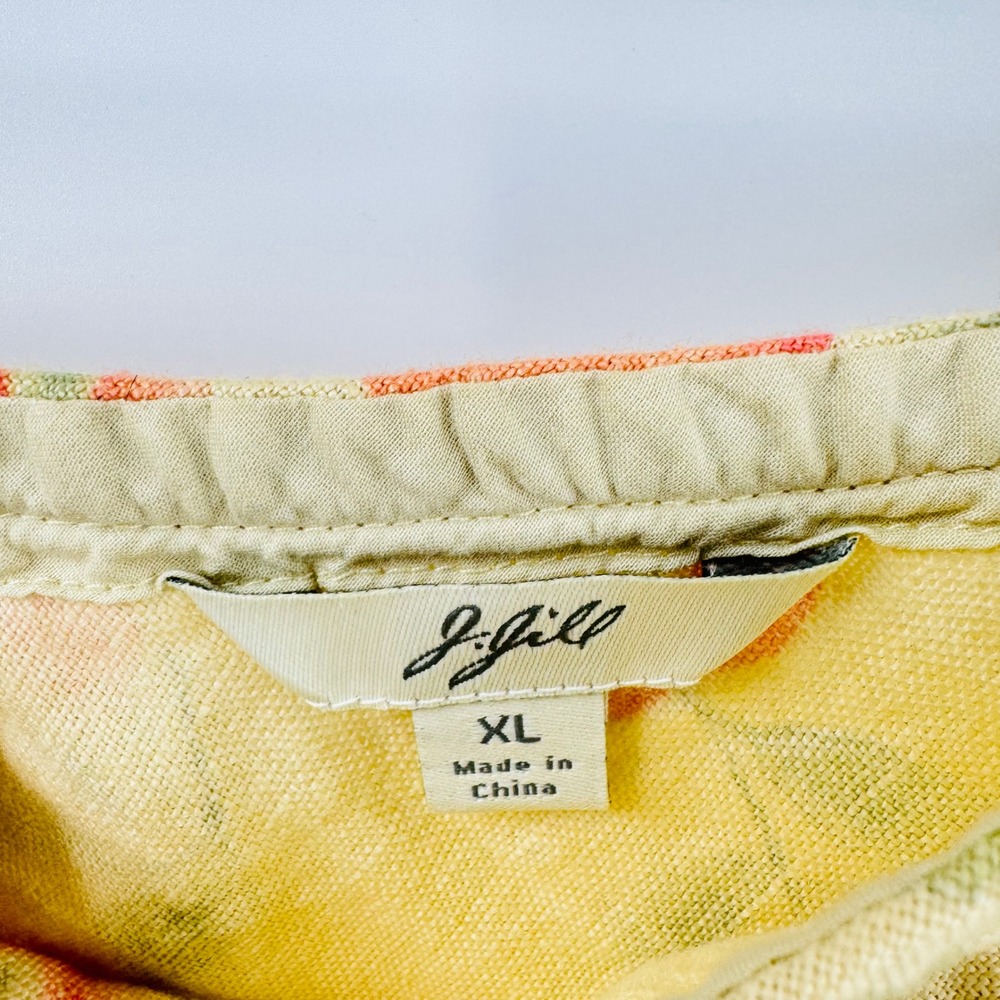Vintage J. Jill Linen Tan Peach Floral Size XL Eyelet Lace Hem Fruit Cottage - Picture 3 of 7